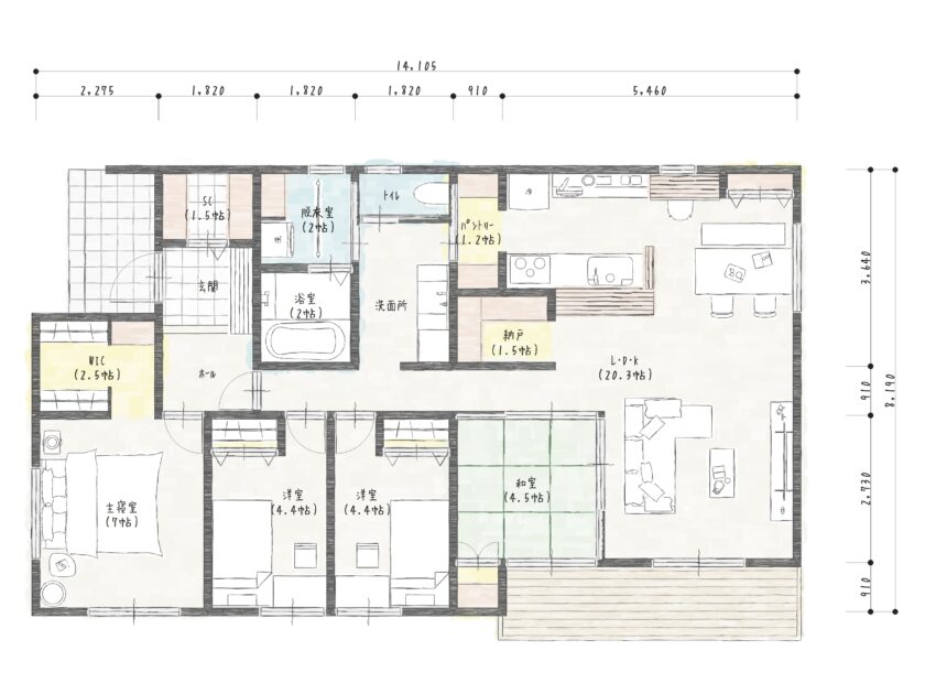 全室南向きの平屋の間取り図 _ 平屋 間取り 40坪 南玄関 – FNBVCO