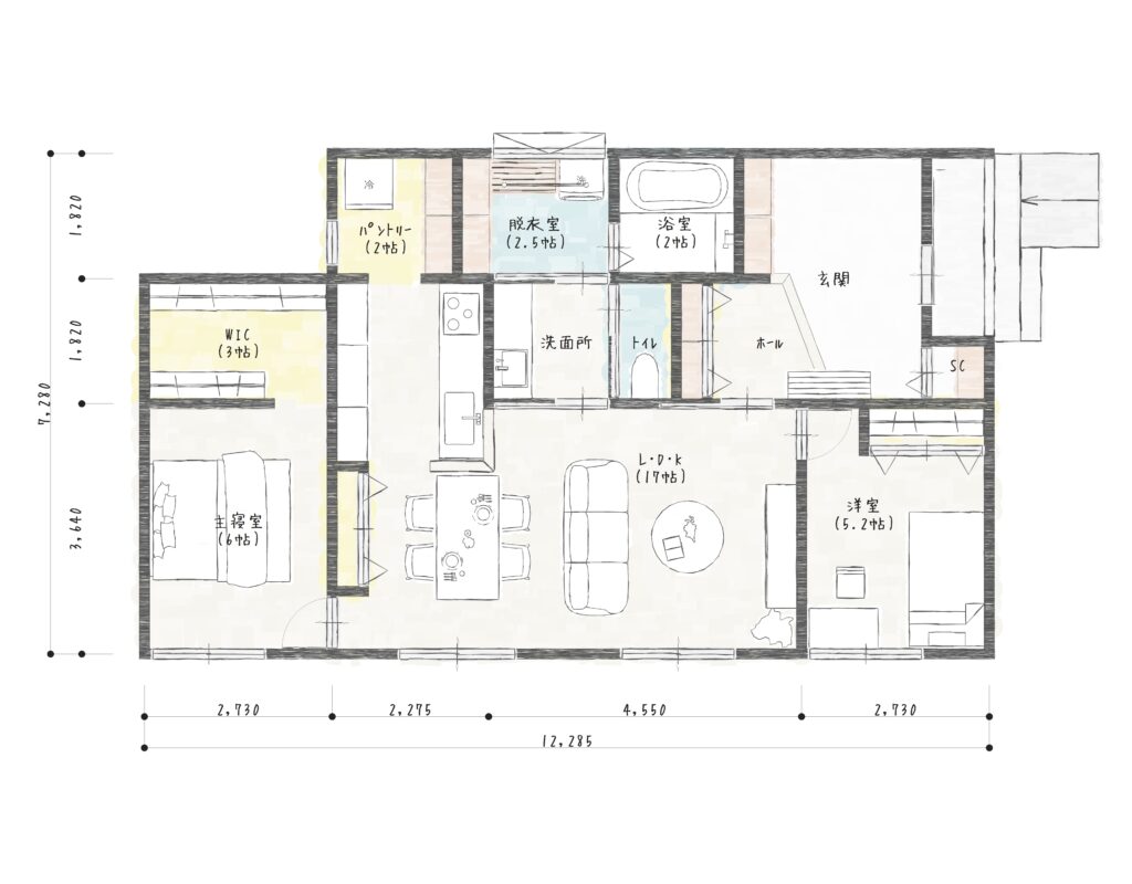 広い玄関土間、17帖LDK、6帖の主寝室と5.2帖の洋室を配置した24.79坪の平屋間取り図