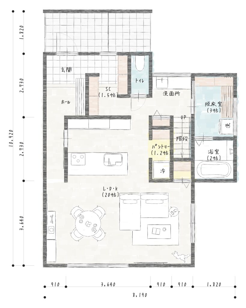 北入り3LDK・34.81坪の2階建ての1階。20帖LDK、1.5帖SC、独立洗面、3帖脱衣室と1.2帖パントリー