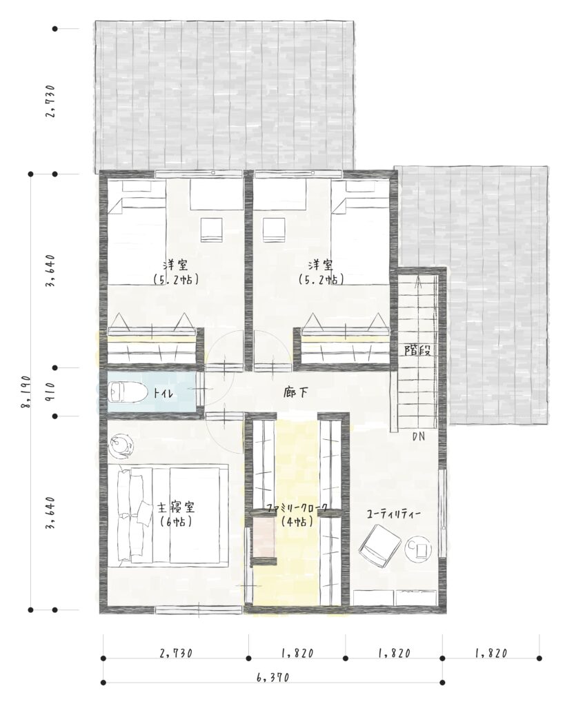 6帖の主寝室と5.2帖の洋室二つ、4帖ファミリークロークと窓辺のユーティリティーを備える2階